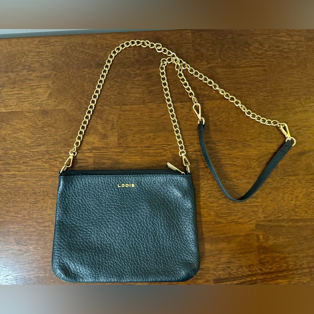 Lodis Emily Pebble Leather Crossbody Bag Purse Handbag (Black, Gold Chain)